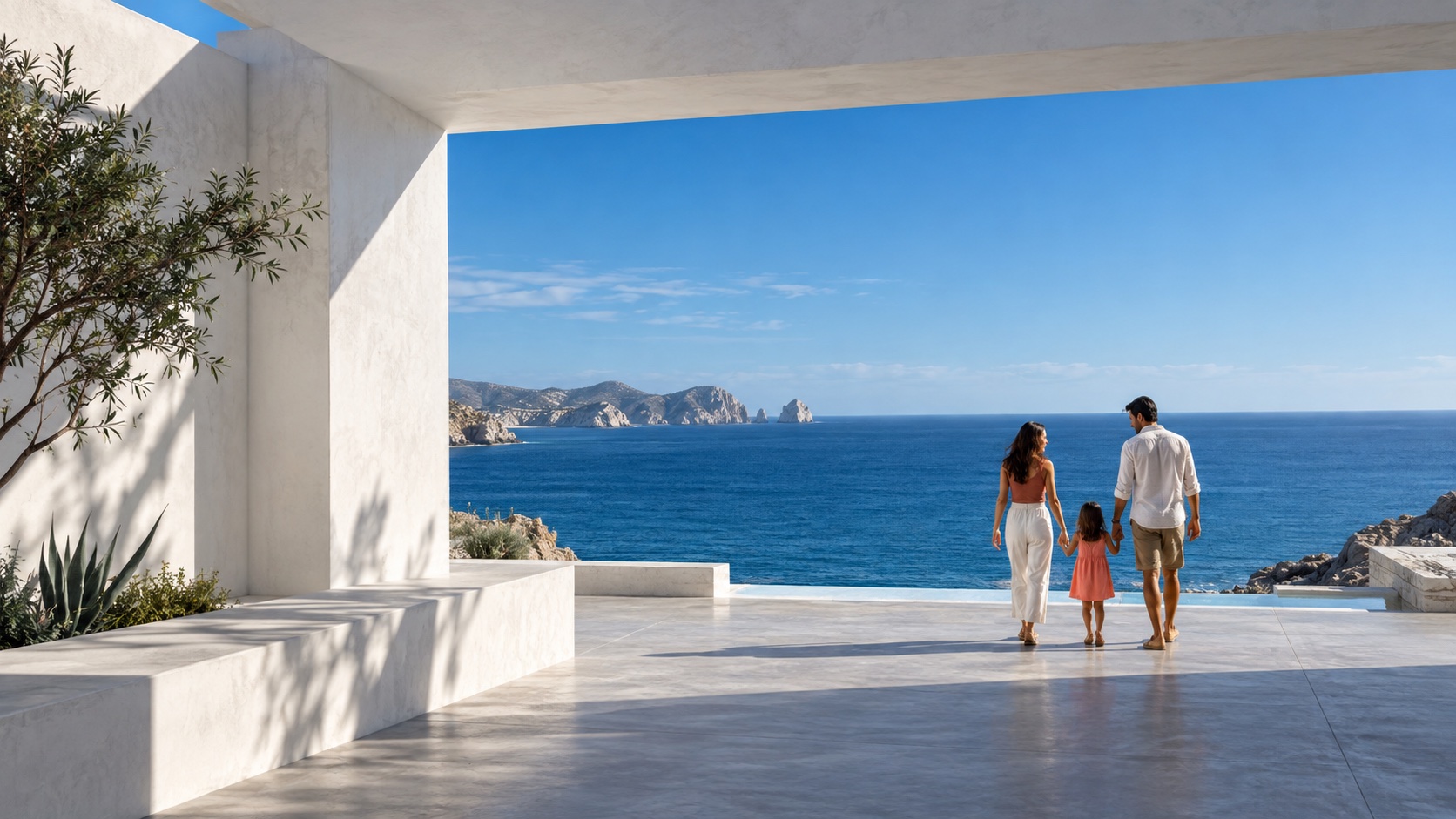 Una familia mira hacia el mar desde una terraza luminosa.