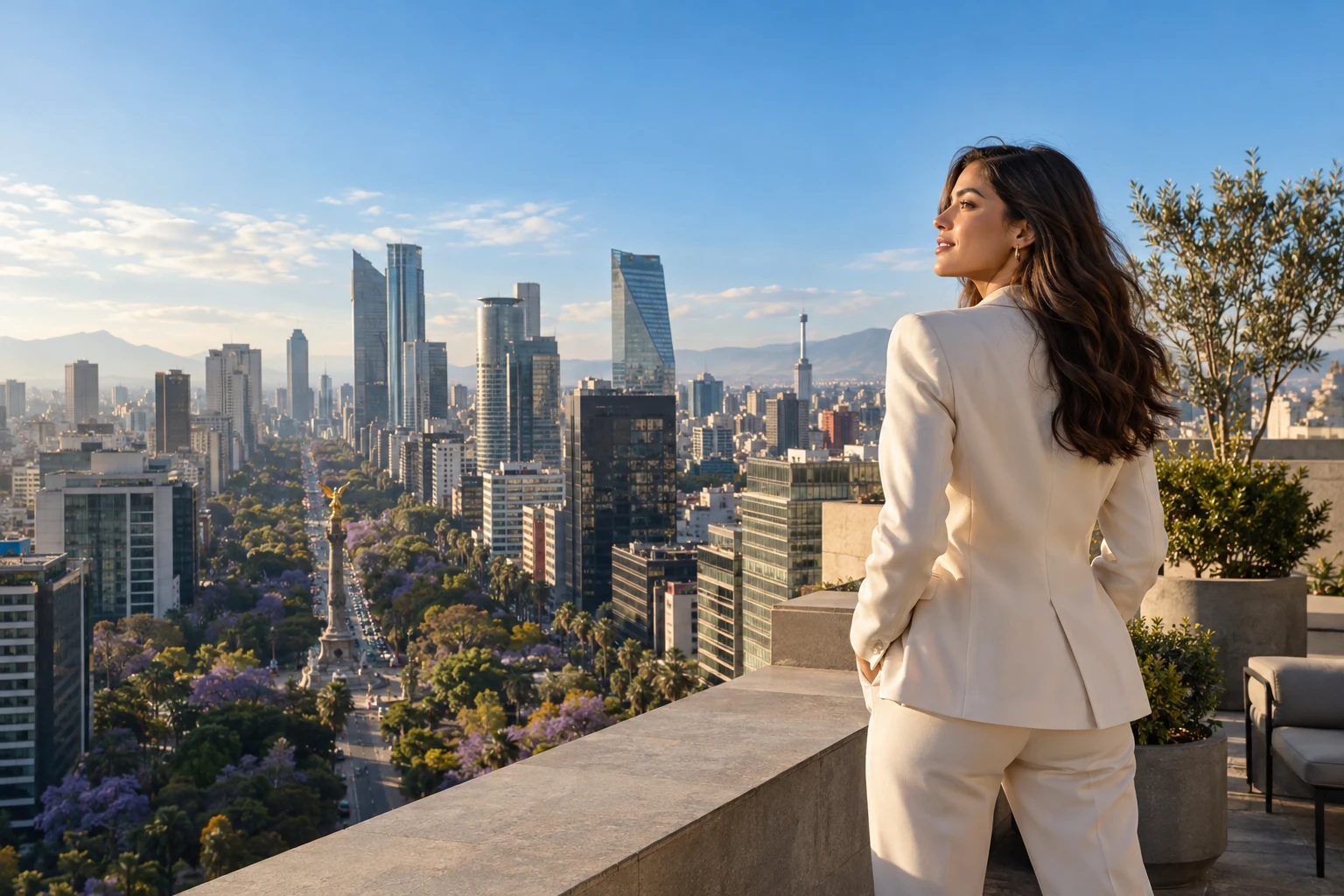 Una profesionista mira hacia el horizonte de Paseo de la Reforma en Ciudad de México.