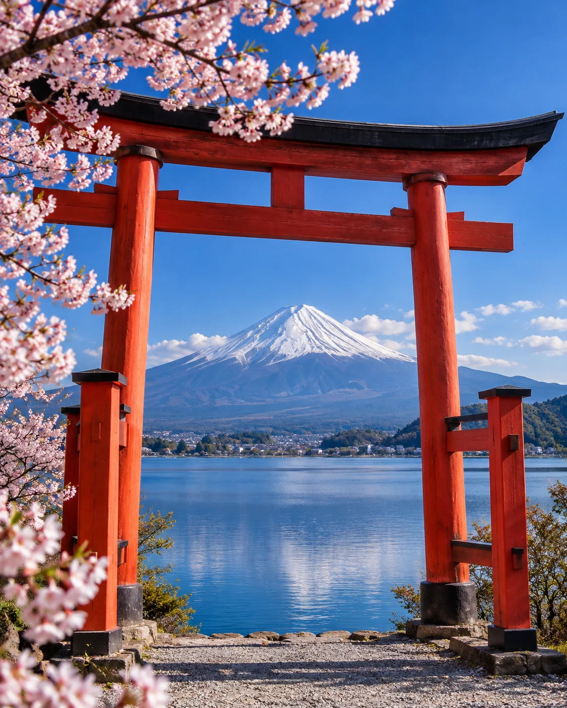 Una puerta torii roja frente al Monte Fuji.